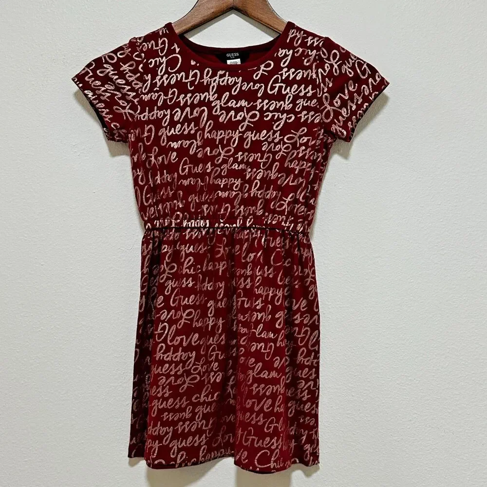 Guess Dress Girls 6X Red All Over Logo Print Short Sleeve Casual Skater Style‎